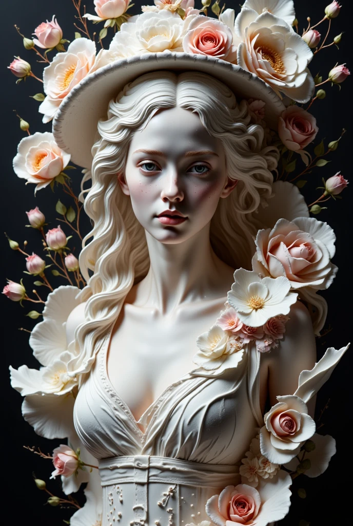 artwork,  Art Mural  ,   A beautiful 19th century woman  ,  Beautiful hat face and shoulders  ,  Background with 3D flowers , Eye Locking , Long, curls,   A goddess carved in white plaster,  Anatomy in relief , gypsum sculpture,  Also presented in relief 
