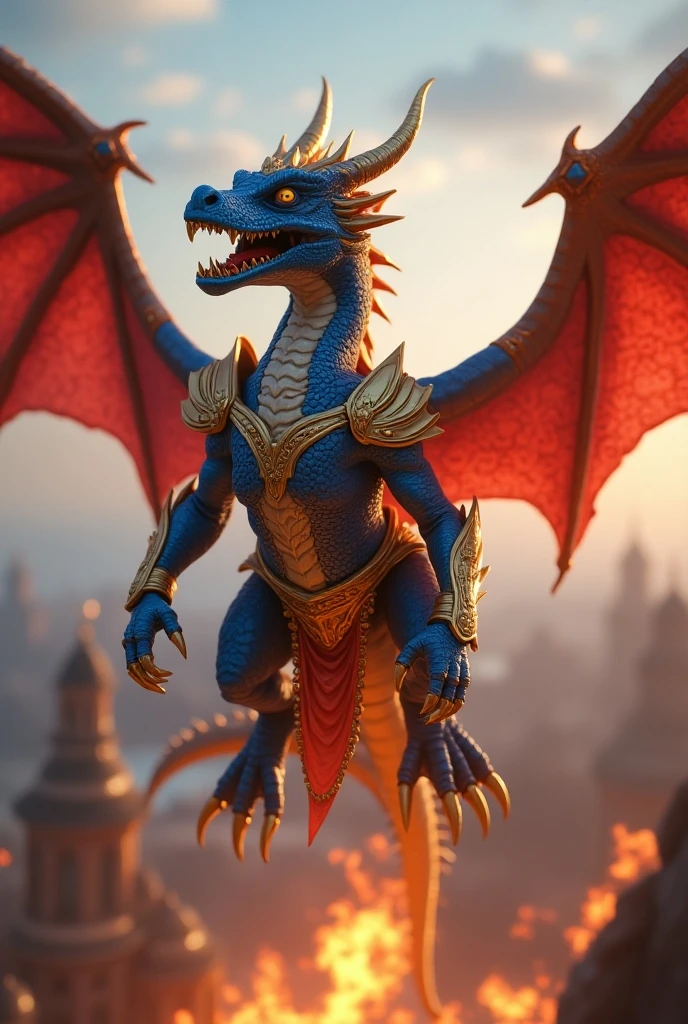 a crazy cool blue and red dragon, fantasy type, wearing golden armor, flying through the air blowing fire on buildings, reckless hate, detailed scales, fantasy war theme, ray tracing, masterpiece, anatomically correct, textured skin, super detail, high details, high quality, award winning, best quality, highres, accurate, 4K, masterpiece, anatomically correct, textured skin, super detail, high details, high quality, award winning, best quality, highres, accurate, 4K no human like features, its a dragon, small arms, muscular back legs, opening mouth blowing fire