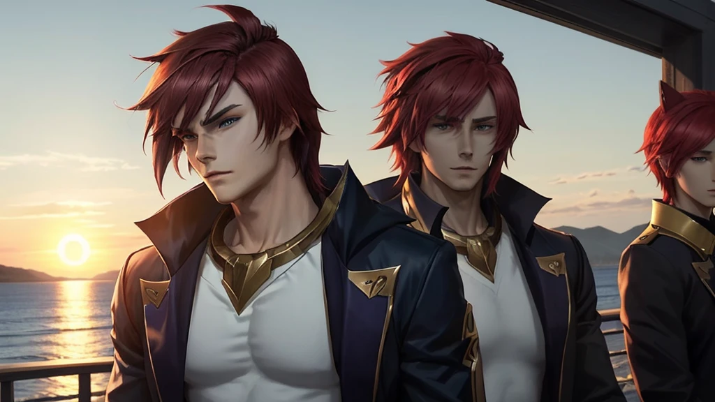 A male protagonist walks confidently toward the future, feeling a strong bond deep within his soul. His hair has a soft texture that reflects natural light, and his expression is filled with determination and hope. The protagonist stands assertively, with one hand extended forward and the other resting on his chest. His facial features are well-defined, with a slightly sharp jawline and deep blue eyes that convey a strong sense of purpose. In the background, friends with distinct hairstyles and expressions are depicted at a slight distance, allowing their individuality to stand out. They are positioned slightly behind, emphasizing their supportive presence as they watch over the protagonist. A vibrant sunset stretches across the scene, creating a dramatic contrast of light and shadow. The overall color palette is harmonious, with a stylish and high-quality anime aesthetic. Every detail, from his facial features to the balance of his body, hands, and fingertips, is meticulously crafted, with no signs of unnaturalness.