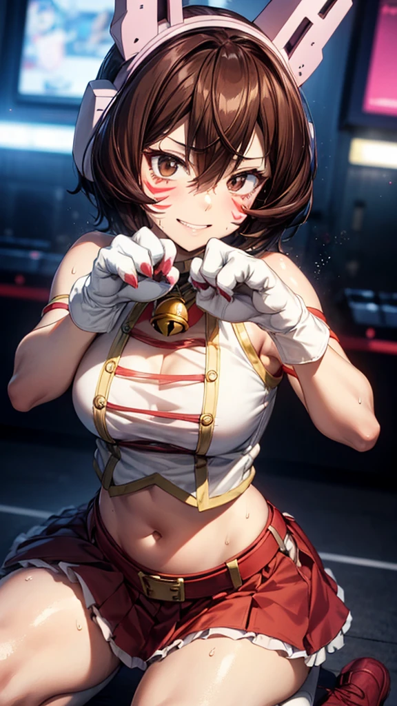 Prostration,defeat,Cowboy Shot,shinososaki, Shino sosaki, short hair, Brown Hair, Armpit,Steamy,Sweat,Large Breasts,Submission pose,Animal ears, Hair between the eyes, (Brown eyes), headgear, Facial blemishes, Face Paint, smile,gloves, belly button, No sleeve, Abdomen, bell, Red Skirt, neck bell,((Animal Hands)),((Claw Pose)),(Squat,Kneel),masterpiece,Noise Reduction,Perfect Anatomy,High resolution, Very detailed, Very detailed face,Game CG,Dutch Angle ,Beautiful attention to detail,Visual Arts,Five Fingers, Perfect hands, Perfect lighting, Sparkling Eyes,Large Breasts,Nipples,sweat,odor,