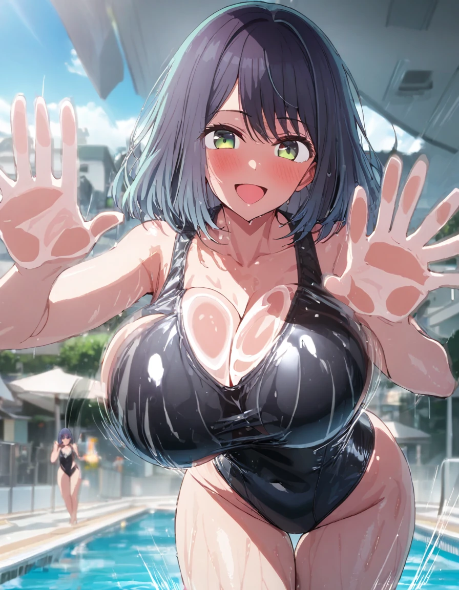 akane kurokawa, bangs, green eyes, blue hair, medium hair, dark blue hair, large breasts, leotard swimsuit, satin swimsuit, black swimsuit, shiny swim suit, smile, open mouth, bend over, emphasis breast, breasts bet arms, wet, outdoor pool, cleavage focus, (bouncing breasts:1.1), against glass, breast on glass, pressed glass, sunshine, sky, town, from viewer, looking viewer, solo, cowboy shot, best quality, high quality, ultra-detailed, high resoolution, 8K, motion line at breasts,