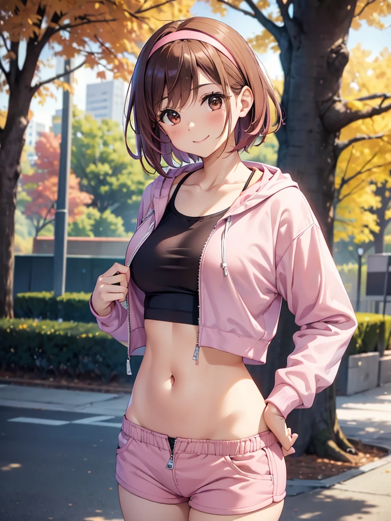  Kampala,cute, Brown Eyes ,Brown Hair,20-year-old woman,solo,Five beautiful fingers,Pink sports bra,Pink shorts,Pink hair band,smile,B Cup, short hair,Looking at the camera,Blurred Background,morning,Autumn park,Wear a zip-up hoodie, undone clothing,