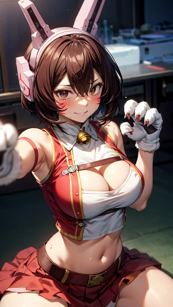 Prostration,defeat,Cowboy Shot,shinososaki, Shino sosaki, short hair, Brown Hair, Armpit,Steamy,Sweat,Large Breasts,Submission pose,Animal ears, Hair between the eyes, (Brown eyes), headgear, Facial blemishes, Face Paint, smile,gloves, belly button, No sleeve, Abdomen, bell, Red Skirt, neck bell,((Animal Hands)),((Claw Pose)),(Squat,Kneel),masterpiece,Noise Reduction,Perfect Anatomy,High resolution, Very detailed, Very detailed face,Game CG,Dutch Angle ,Beautiful attention to detail,Visual Arts,Five Fingers, Perfect hands, Perfect lighting, Sparkling Eyes,Large Breasts,Nipples,sweat,odor,blush,Long legs,sexy,