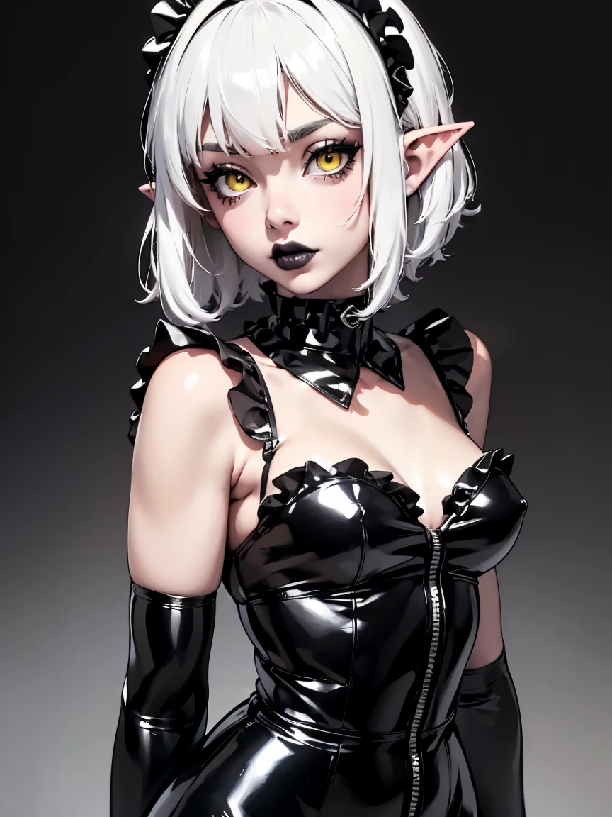 (best lighting) (best quality, masterpiece:1.2), (absurdres), wide portrait, alluring, (shy, coy), woman, ((very short, messy boyish, white hair), ((yellow eyes)), (detailed eyes), (elf ears), ((glossy, shiny, black lipstick)), ((latex, maid outfit, long dress, frills)), ((chocker)), high fashion, (slim), ((small breasts)), wide hips, (bold yellow and back background), soft lighting, hazy, cinematic