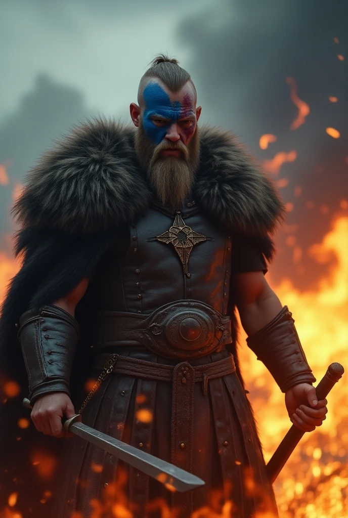 a Viking warrior in the flames of Ragnarok, blue face paint, blood on sword, anger in his eyes, desperation in the air, detailed armor and fur cloak, intense fire and smoke, glowing embers, dramatic sky with dark clouds, moody lighting, cinematic composition, epic fantasy, highly detailed, wide shot, hyper realistic, 8k, masterpiece, anatomically correct, textured skin, super detail, high details, high quality, award winning, best quality, highres, accurate, 4K