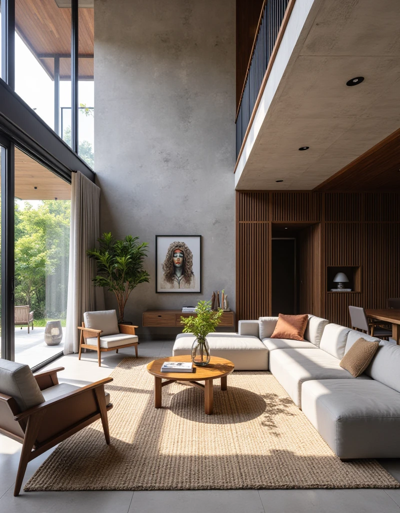 "Design a modern living room with an emphasis on natural light and minimalist decor, featuring a Revit Architecture model seamlessly rendered in the vibrant and realistic style of Lumion software." (Landscape view)