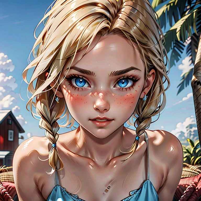 red dead redemption 2 german daughter,
Blonde,braids,Sleek tied hair,
slim face,white skin,sunkissed blush,light blue eyes,snub nose,delicate mouth and jaw,
petite,very young girl,very thin complexion,skinny,slender body,
masterpiece, best quality, HDR,
dressing 1910 farmer’s dress,
red dead redemption 2 farm background,
