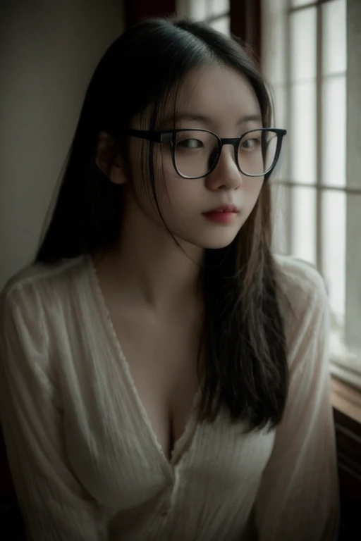 cinematic photo woman, Romantic portrait, 23 year old Chinese woman, wearing glasses, in the bedroom, day light, , looking at the viewer with a seductive expression, .35mm photograph, film, bokeh, professional, 4k, highly detailed,