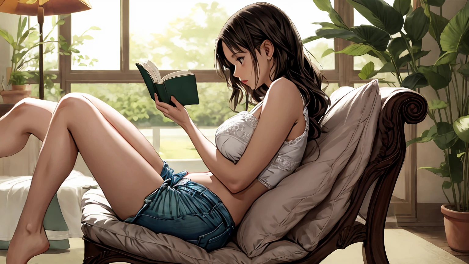 Ghibli-inspired side view of a beautiful young woman wearing a white lace crop top, large breasts, sexy ripped lace shorts, she has a big butt, is reading a book, no shoes, sitting cross-legged in her favorite chair. Green screen background, out of focus background. Realistic portrait.