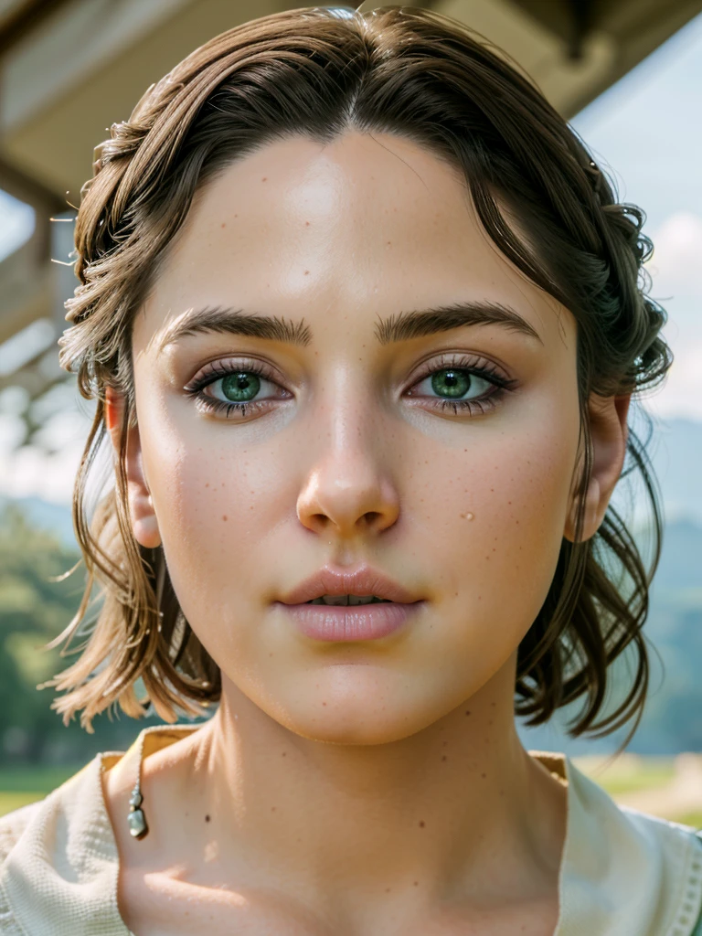 1girl,brown hair,green eyes,detailed shiny nose,standing in a picturesque landscape,beautiful detailed eyes,beautiful detailed lips,extremely detailed eyes and face,long eyelashes,(best quality,4k,8k,highres,masterpiece:1.2),ultra-detailed,(realistic,photorealistic,photo-realistic:1.37),digital painting,cinematic lighting,vivid colors,intricate details,highly detailed,exquisite,elegant,beautiful,stunning,gros plan sur le nez