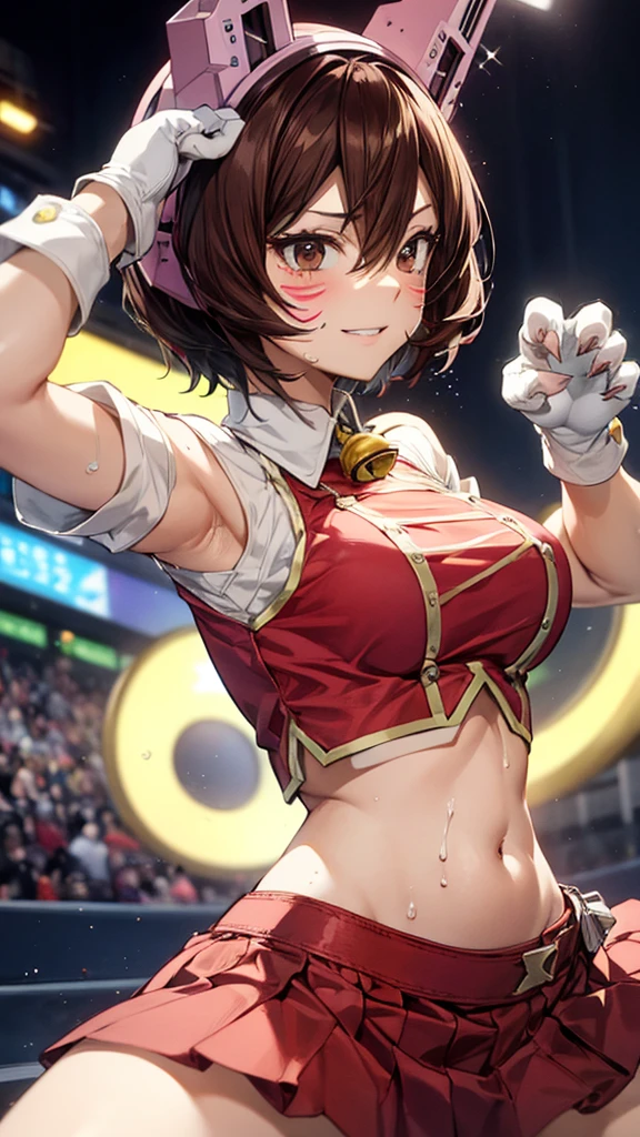 Prostration,defeat,Cowboy Shot,shinososaki, Shino sosaki, short hair, Brown Hair, Armpit,Steamy,Sweat,Large Breasts,Submission pose,Animal ears, Hair between the eyes, (Brown eyes), headgear, Facial blemishes, Face Paint, smile,gloves, belly button, No sleeve, Abdomen, bell, Red Skirt, neck bell,((Animal Hands)),((Claw Pose)),(Squat,Kneel),masterpiece,Noise Reduction,Perfect Anatomy,High resolution, Very detailed, Very detailed face,Game CG,Dutch Angle ,Beautiful attention to detail,Visual Arts,Five Fingers, Perfect hands, Perfect lighting, Sparkling Eyes,Large Breasts,Nipples,sweat,odor,blush,Long legs,sexy,Rear view, standing ,Armpit,vapor