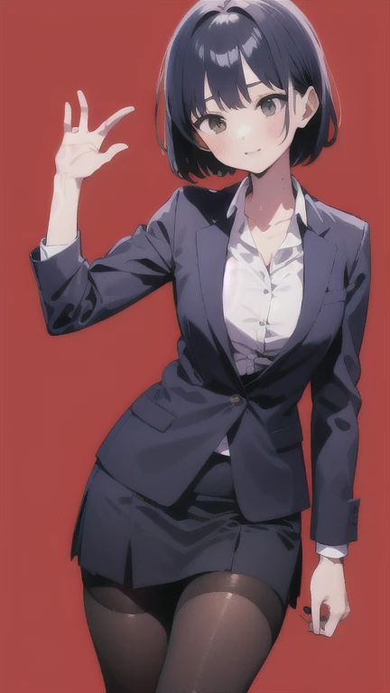 One Girl, Simple red background、 office lady costume 、  short hair , skirt、Black tights、