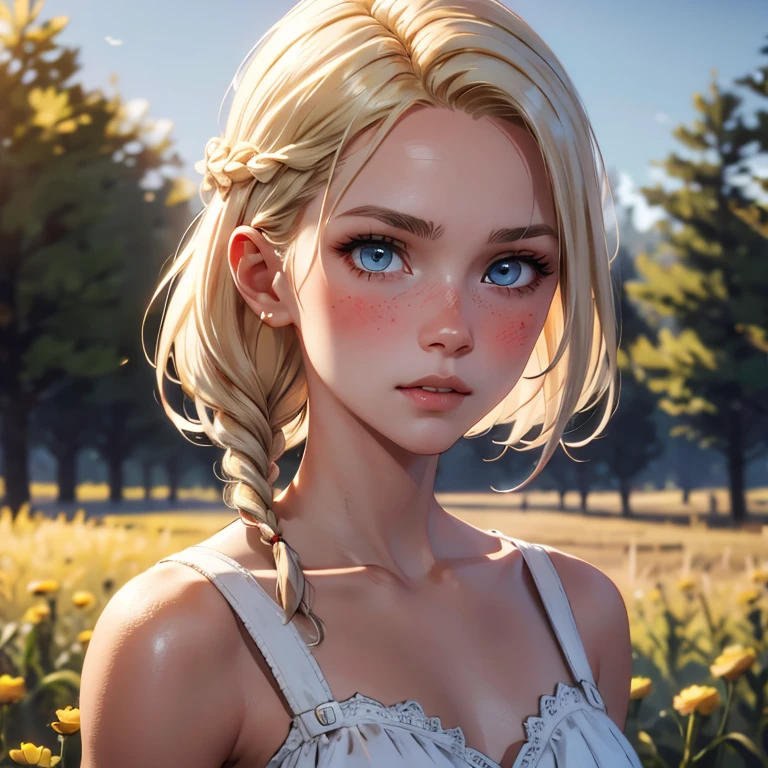 red dead redemption 2 german daughter,
Blonde,braids,Sleek tied hair,
slim face,white skin,sunkissed blush,light blue eyes,snub nose,delicate mouth and jaw,
petite,very young girl,very thin complexion,skinny,slender body,
masterpiece, best quality, HDR,
dressing 1910 farmer’s dress,
red dead redemption 2 farm background,
