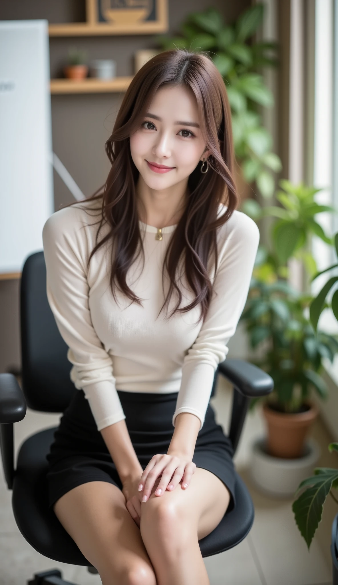 A photo of a K-pop idol sitting in an office chair. She is wearing a tiny thin white shirt and a short black skirt. The room has a minimalist design with a few plants and a lamp. The background is blurred, showing a wall with shelves and a window.