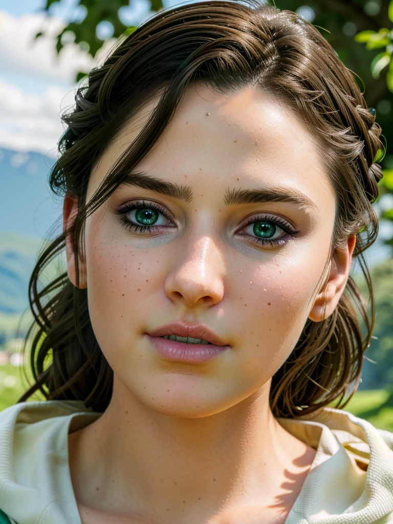 1girl,brown hair,green eyes,detailed shiny nose,standing in a picturesque landscape,beautiful detailed eyes,beautiful detailed lips,extremely detailed eyes and face,long eyelashes,(best quality,4k,8k,highres,masterpiece:1.2),ultra-detailed,(realistic,photorealistic,photo-realistic:1.37),digital painting,cinematic lighting,vivid colors,intricate details,highly detailed,exquisite,elegant,beautiful,stunning,gros plan sur le nez