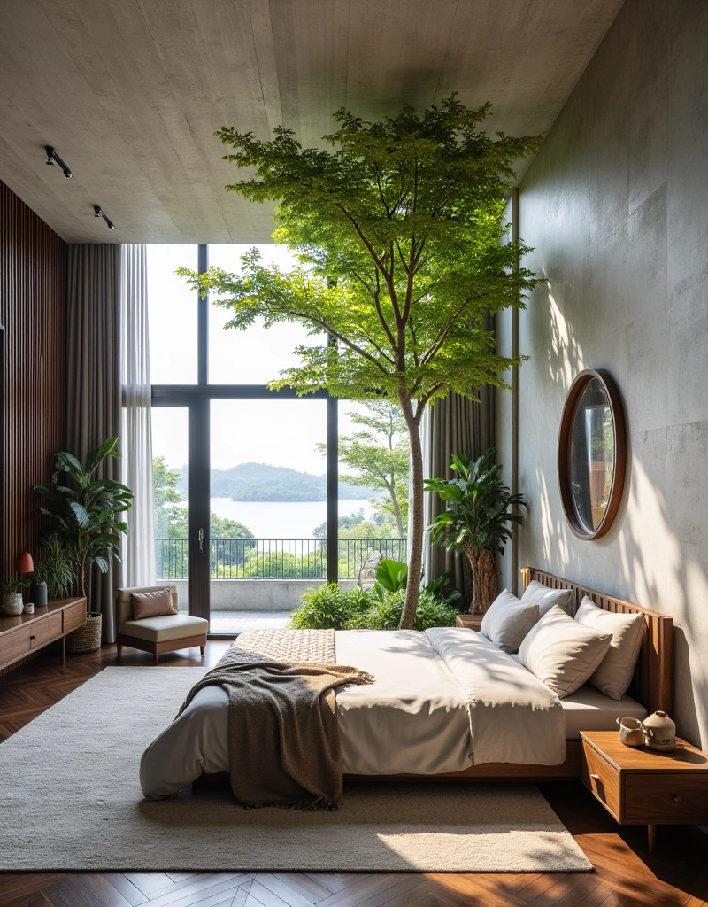 "Design a modern bedroom with an emphasis on natural light and minimalist decor, featuring a Fstorm rendered in the vibrant and realistic style of 3dsMax software." (Landscape view)