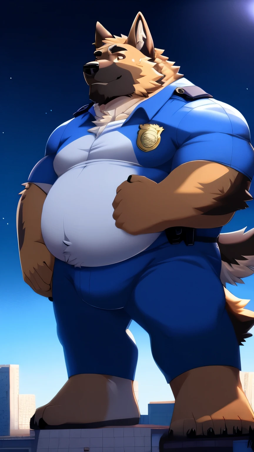 Anime Style, aid210, nj5furry, (( whole body )), ((police uniform)), standing, (( chubby German shepherd middle aged )), BREAK ((Brown eyes)), one eye closed, Beautiful beard,  beautiful ears , (male face:1.3), (Big face:0.5),  square jaw , (Male eyes:1.2), (Sharp eyes:0.8), (big eyes:0.5), male eyebrows, (innocent look:0.5), ( beautiful black nails down to the smallest Detail:1.2), BREAK (Complete Anatomy), ( detailed face:1.3),  beautiful face , ( detailed description ), (beautiful hands:1.2), (detailed fingers:1.2), ( detailed eyes :1.1), (beautiful eyes:1.1),  arm details , Leg Details, beautiful feet,  BREAK muscular Anthlo ,  body hair , (( hairy skin )), Fluffy, (Blood vessel:-0.8), (radiant skin:-0.7), (chest hair:0.5), (1 tail ), ( a beautiful and detailed small tail ), BREAK night sky, City,  outdoor ,  extremely detailed ,  highest quality ,   high resolution  , realistic, 16k, masterpiece,  beautiful detailed ,  perfect solution ,  an absurdist , ( low light ),  (massiv:3.0,big muscle:1.1( heavyweight,stark,Macro,bulge, Emphasize ,  step on the ruins )),background(( Building, raise small spoke , the crack in the road))