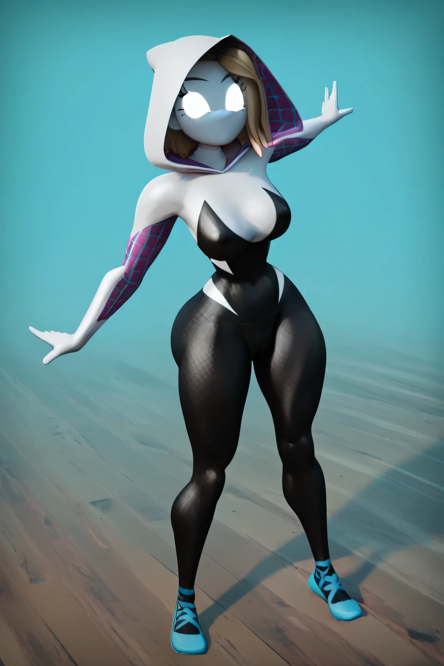 ((masterpiece, best quality)), (8k, best quality), (((best quality))), 1girl, full body, humanoid Tv woman, TV head with a glowing purple screen, >w< expression, Spider-Gwen costume, stylish black and white jumpsuit, pink spiderweb patterns on the inner arms and hood, tight-fitting, athletic build, thick thighs, toned body, strong legs, defined hips, black and white jumpsuit with blue ballerinas, tight-fitting, TV head, exposed neck and face (no mask), TV screen as head, dynamic pose, well-defined curves, subtly glowing screen face, standing, simple blue background, fusion of Spider-Gwen and TV head, simple blue background, perfect anatomy, high-resolution details, well-proportioned body, stylized action-ready stance, stylish and modern design, score_9, score_8_up, score_7_up, score_6_up, score_5_up, score_4_up, ( anime_source ), sexy, dynamic pose, standing, curvy body, huge breasts, thick thighs, wide hips, good waist, white gloves, single, big breasts, thick thighs, good waist, wide hips, good quality, sexy, Gwen-Stacy cosplay, robot girl, tvwoman, tv head