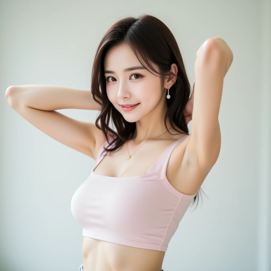 Here’s the updated prompt:

"A beautiful Korean girl with short, sleek black hair and porcelain skin is gracefully posing with both arms raised, revealing both of her smooth armpits with a subtle, realistic texture that shows a hint of pores. She is wearing a stylish short-sleeve crop top that accentuates her toned figure. The image captures the natural softness of her skin, with delicate details like the faint appearance of pores adding to the realism. Her expression is serene yet confident, with her soft features highlighted by gentle, natural light. The background is minimalistic, with a light tone that contrasts with her dark hair, emphasizing her elegance and poise. The crop top is in a pastel color, adding to the overall sense of purity and beauty."