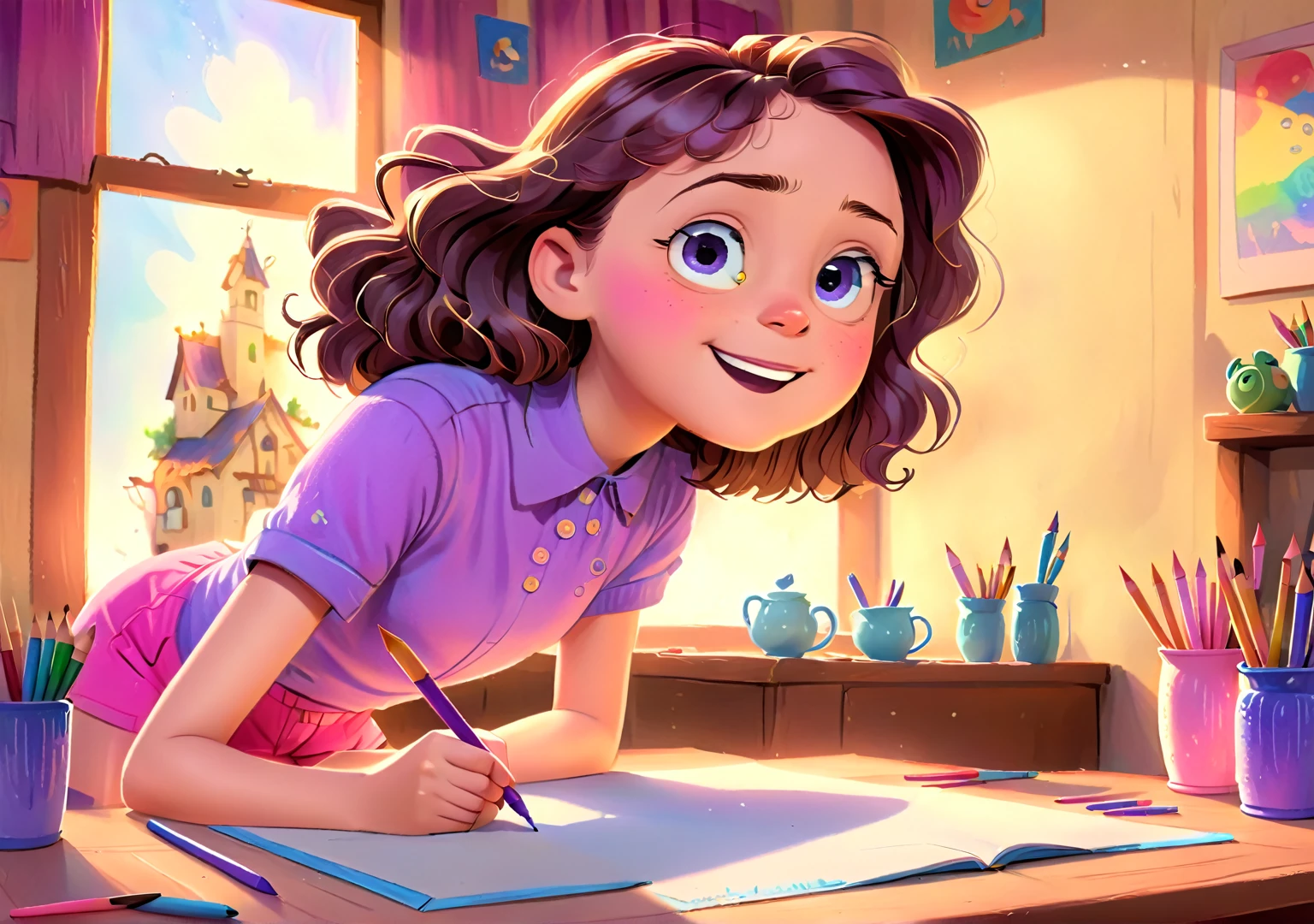 Clara Colorina, a  small girl with brown wavy hair, with glasses, is drawing on a table, happy expression, wearing blue boots, pink shorts and a purple shirt. The illustration should be simple, clean, and vibrant to add energy and life to the scene. The style of the illustration resembles a classic ren’s book, combining a Disney cartoon and watercolor illustration but with thick lines outlining the image. Detailed face, intricate details, colorful crayons, cozy indoor setting, beautiful lighting, soft pastel colors, warm tones, cinematic composition, award-winning illustration, highly detailed, photorealistic, 8k, masterpiece, professional, award-winning, cinematic lighting, soft focus, beautiful composition, consistent character.