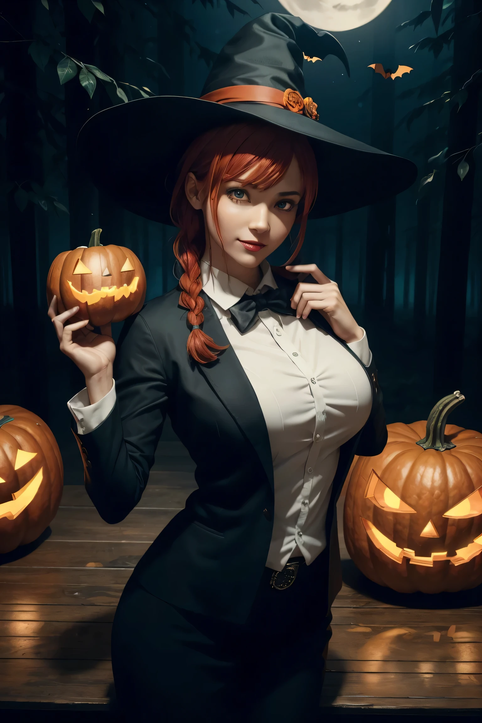 Makima,With bangs,Red Hair,Braids at the back,White Shirt,Black tie,Black Suit,Yellow Eyes , super high image quality ,super high quality,masterpiece,Digital SLR, Photorealistic,Detailed details,Vivid details,Depicted in detail,, detailed face in a business suit,Detailed details,Super Detail, Realistic Skin Texture ,Anatomical basis, perfect anatomy, anatomically correct hand from a bird's-eye view, Anatomically Correct Fingers , intricate 3d rendering , sexy poses ,Beautiful night view,smile,Halloween, Halloween Party, Jack O Lantern,Halloween Night, neon color ,Witch Costume,Red lips,Midnight Forest,Witch Hat,Happy Halloween,