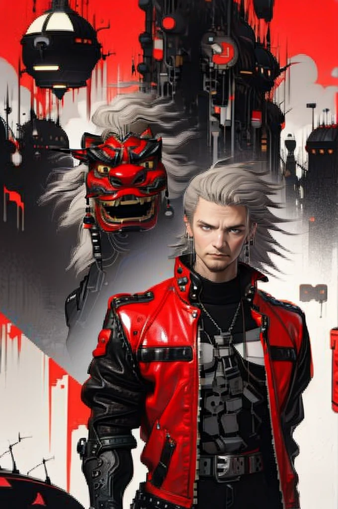 lion dance　whole body　 Cyberpunk　 Japan　　Leather jacket　Gray Hair　AKIRA 　male　 fantasy