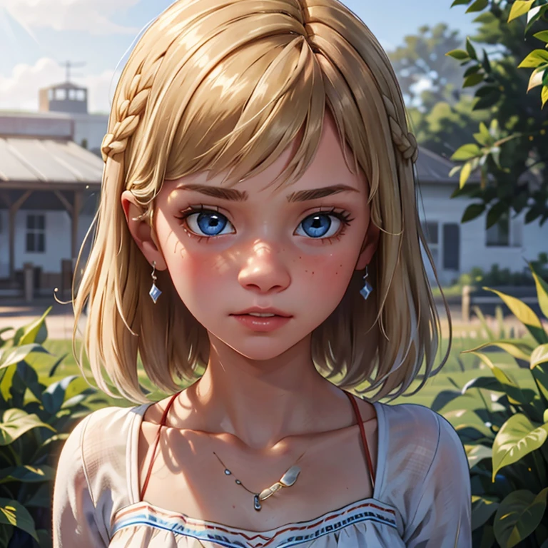 red dead redemption 2 german daughter,
Blonde,braids,Sleek tied hair,
slim face,white skin,sunkissed blush,light blue eyes,snub nose,delicate mouth and jaw,
petite,very young girl,very thin complexion,skinny,slender body,
masterpiece, best quality, HDR,
dressing 1910 farmer’s dress,
red dead redemption 2 farm background,
