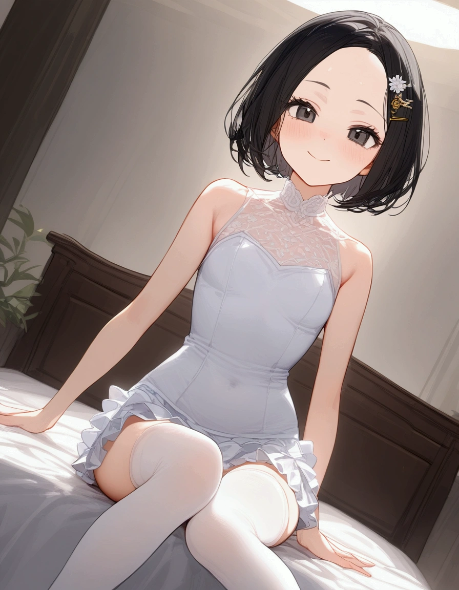 (best quality), (beautiful), (masterpiece), petite girl, solo, black short hair, bob cut, (forehead:1.2), (hairpin in center parted bangs:1.3), black eyes, slender body, medium hip, joyful face, upper body above the knees, ivory white sleeveless shirt, frilled miniskirt, white stockings, pose to be pampered, relaxed, bedroom, free angle, 