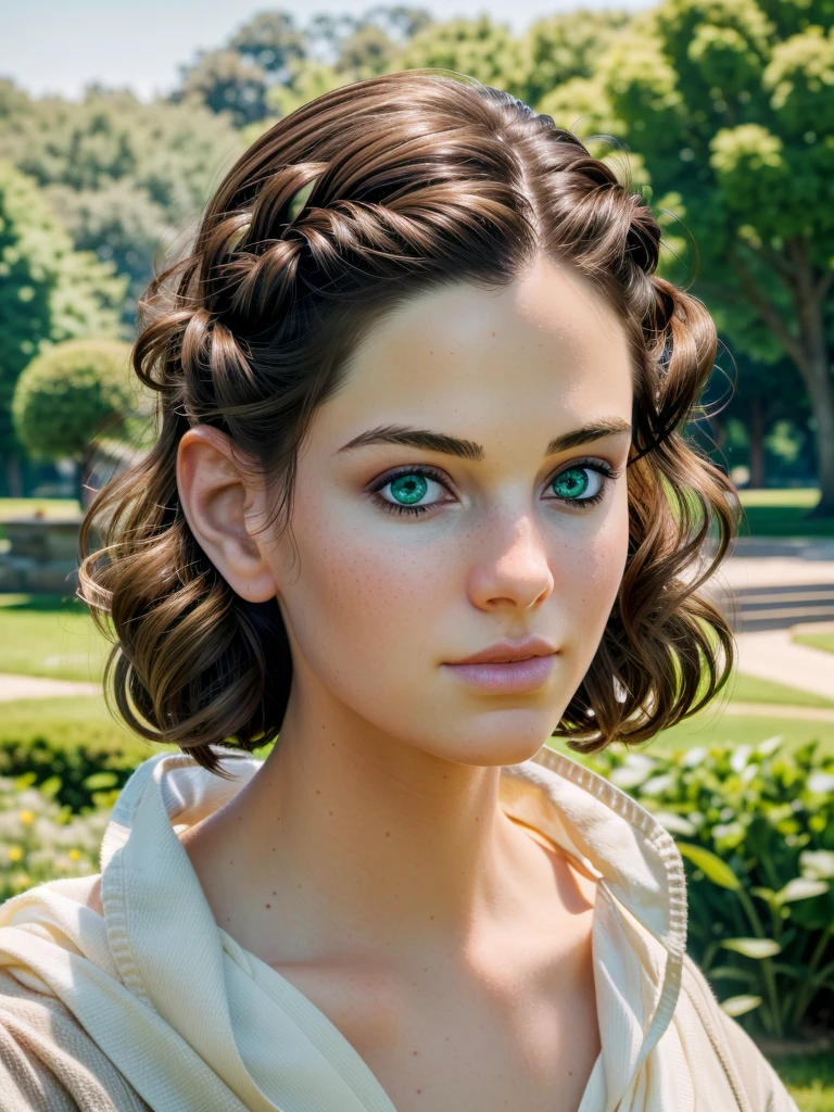 1girl,brown hair,green eyes,detailed shiny nose,standing in a picturesque landscape,beautiful detailed eyes,beautiful detailed lips,extremely detailed eyes and face,long eyelashes,(best quality,4k,8k,highres,masterpiece:1.2),ultra-detailed,(realistic,photorealistic,photo-realistic:1.37),digital painting,cinematic lighting,vivid colors,intricate details,highly detailed,exquisite,elegant,beautiful,stunning,gros plan sur le nez