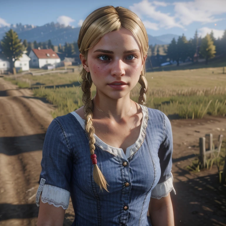 red dead redemption 2 german daughter,
Blonde,braids,Sleek tied hair,
slim face,white skin,sunkissed blush,light blue eyes,snub nose,delicate mouth and jaw,
petite,very young girl,very thin complexion,skinny,slender body,
masterpiece, best quality, HDR,
dressing 1910 farmer’s dress,
red dead redemption 2 farm background,
