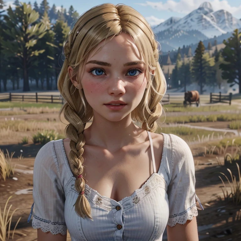 red dead redemption 2 german daughter,
Blonde,braids,Sleek tied hair,
slim face,white skin,sunkissed blush,light blue eyes,snub nose,delicate mouth and jaw,
petite,very young girl,very thin complexion,skinny,slender body,
masterpiece, best quality, HDR,
dressing 1910 farmer’s dress,
red dead redemption 2 farm background,
