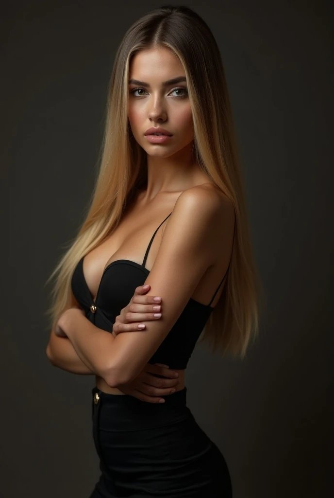 a very realistic and detailed photo of pretty swiss girl, tight black skirt, cleavage , perfect makeup, long sleek straight dark blonde hair with brown roots hair, high quality, photorealistic, elegant, confident, piercing eyes, full lips, olive skin, detailed realistic face,