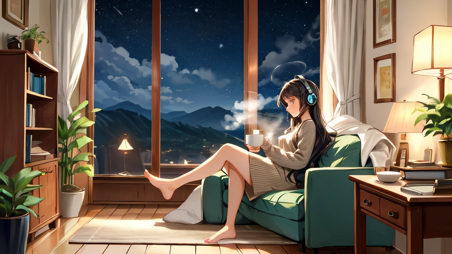  "A cute anime girl with big sparkling eyes and long, flowing brown hair, wearing a cozy sweater, sitting in a warmly lit room filled with stylish, modern furniture. She’s wearing large headphones, holding a steaming cup of coffee in both hands while gazing thoughtfully out the large window. The room is filled with small, cozy touches like a soft rug, scattered books, a dimly glowing desk lamp, and a comfy sofa with plush cushions. Outside the window, a breathtaking starry night sky, green mountains in the distance, and a shimmering sea are visible. The room feels lived-in, with personal items like plants, framed pictures, and a warm, ambient glow."