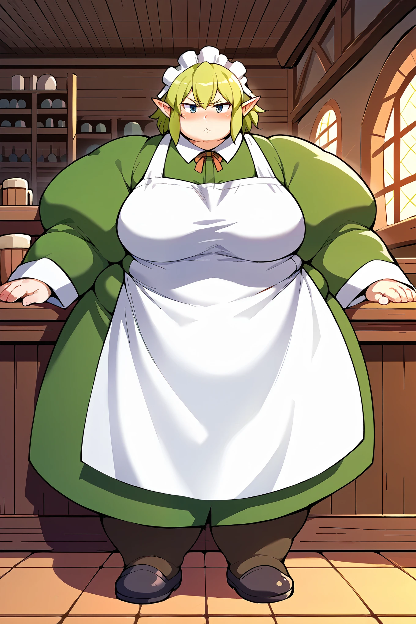 score_9, score_8_up, score_7_up, score_6_up, source_anime, BREAK 1girl, solo  ryuu, green hair, maid headdress, green dress, long sleeves, white apron, pantyhose, looking at you, blush, serious, tavern, indoors, full body shot, fat, chubby, obese, gigantic arms and legs, big belly 