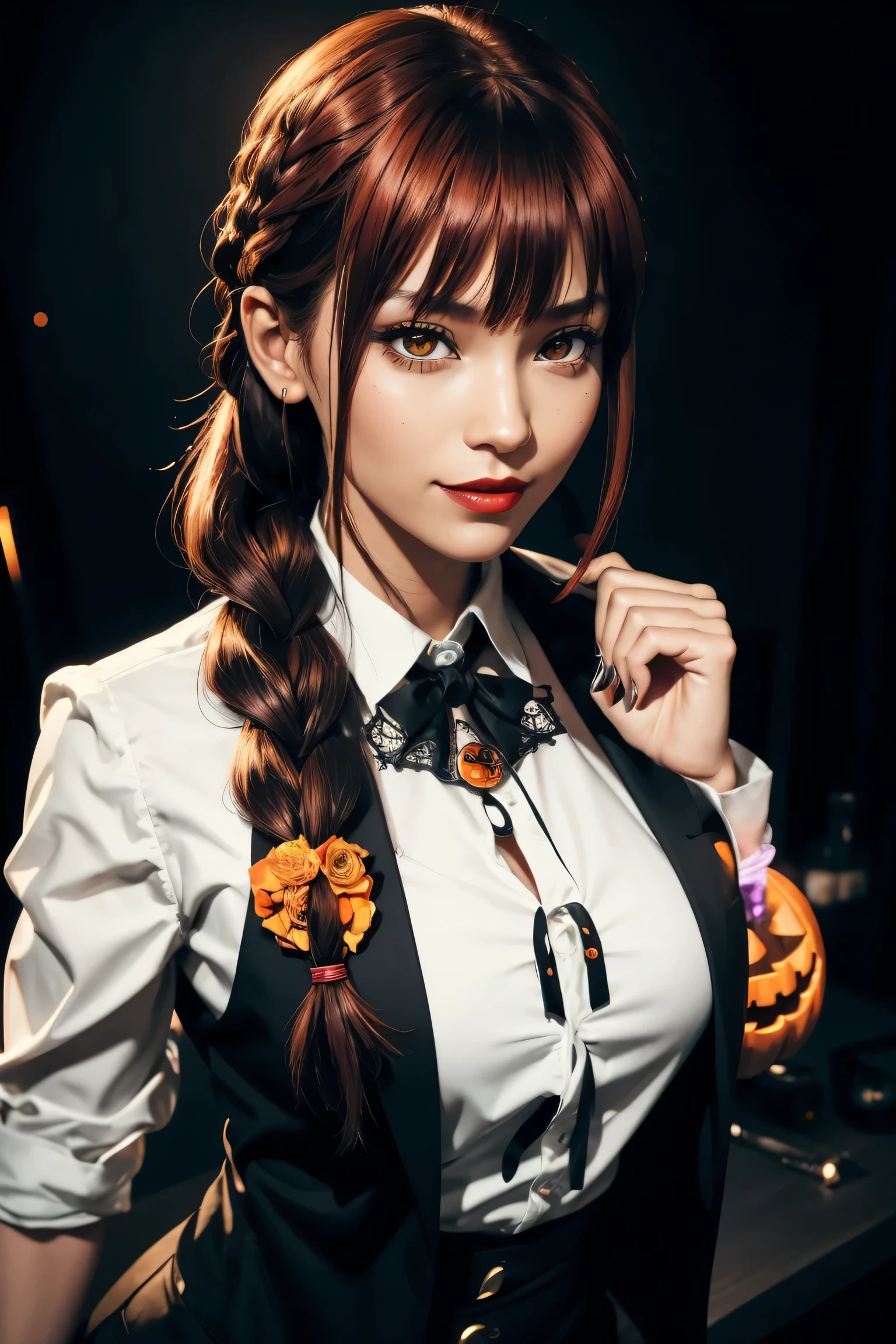 Makima,With bangs,Red Hair,Braids at the back,White Shirt,Black tie,Black Suit,Yellow Eyes , super high image quality ,super high quality,masterpiece,Digital SLR, Photorealistic,Detailed details,Vivid details,Depicted in detail,, detailed face in a business suit,Detailed details,Super Detail, Realistic Skin Texture ,Anatomical basis, perfect anatomy, anatomically correct hand from a bird's-eye view, Anatomically Correct Fingers , intricate 3d rendering , sexy poses ,Beautiful night view,smile,Halloween, Halloween Party, Jack O Lantern,Halloween Night, neon color ,Red lips,Midnight Forest,Happy Halloween,
