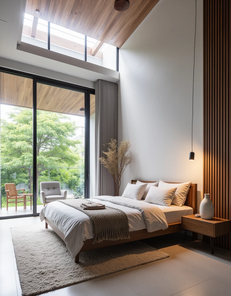 "Design a modern bedroom with an emphasis on natural light and minimalist decor,