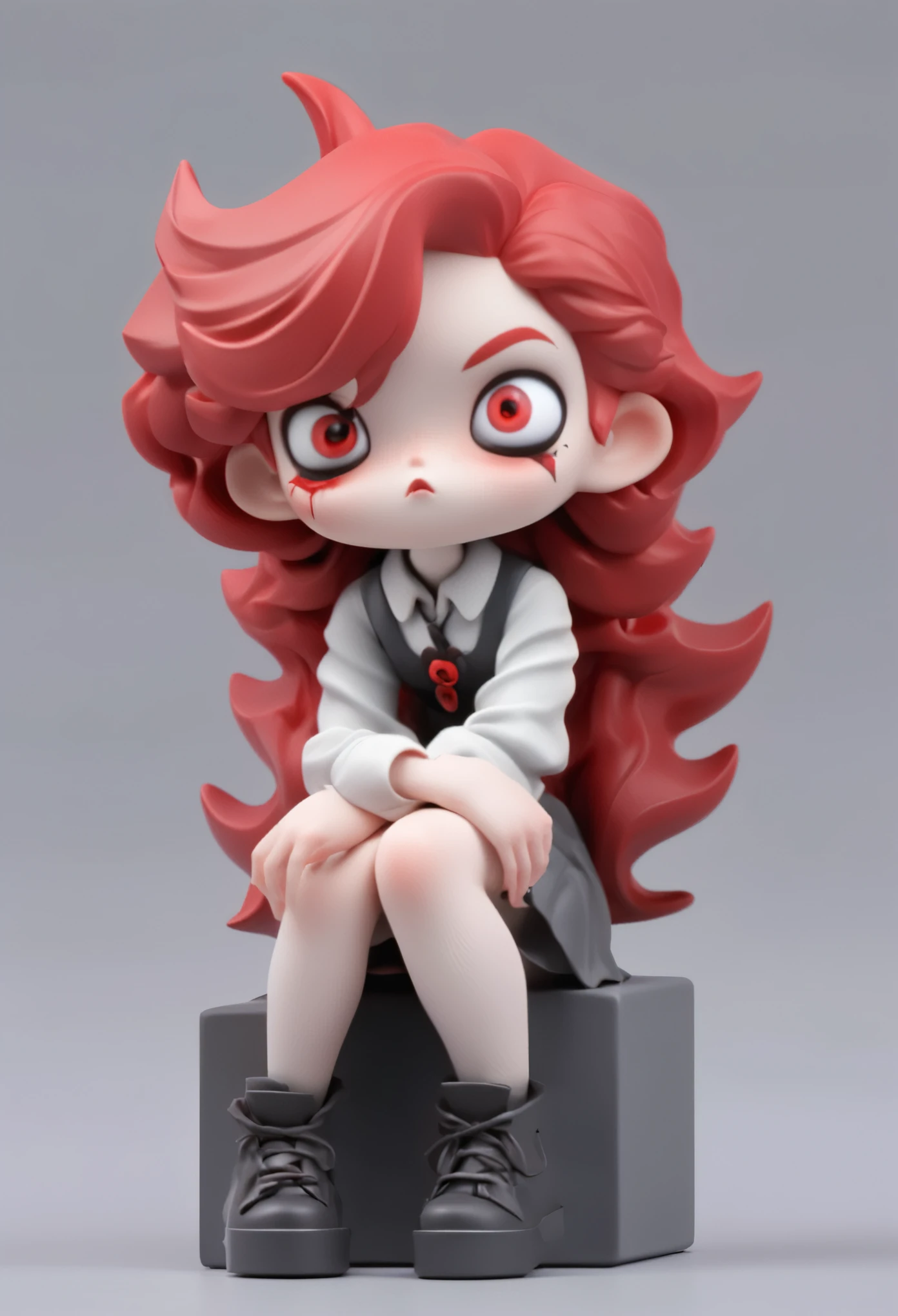 Blindbox, 1girl, red eyes, vampires, red hair, sitting, grey background, simple background, sitting,