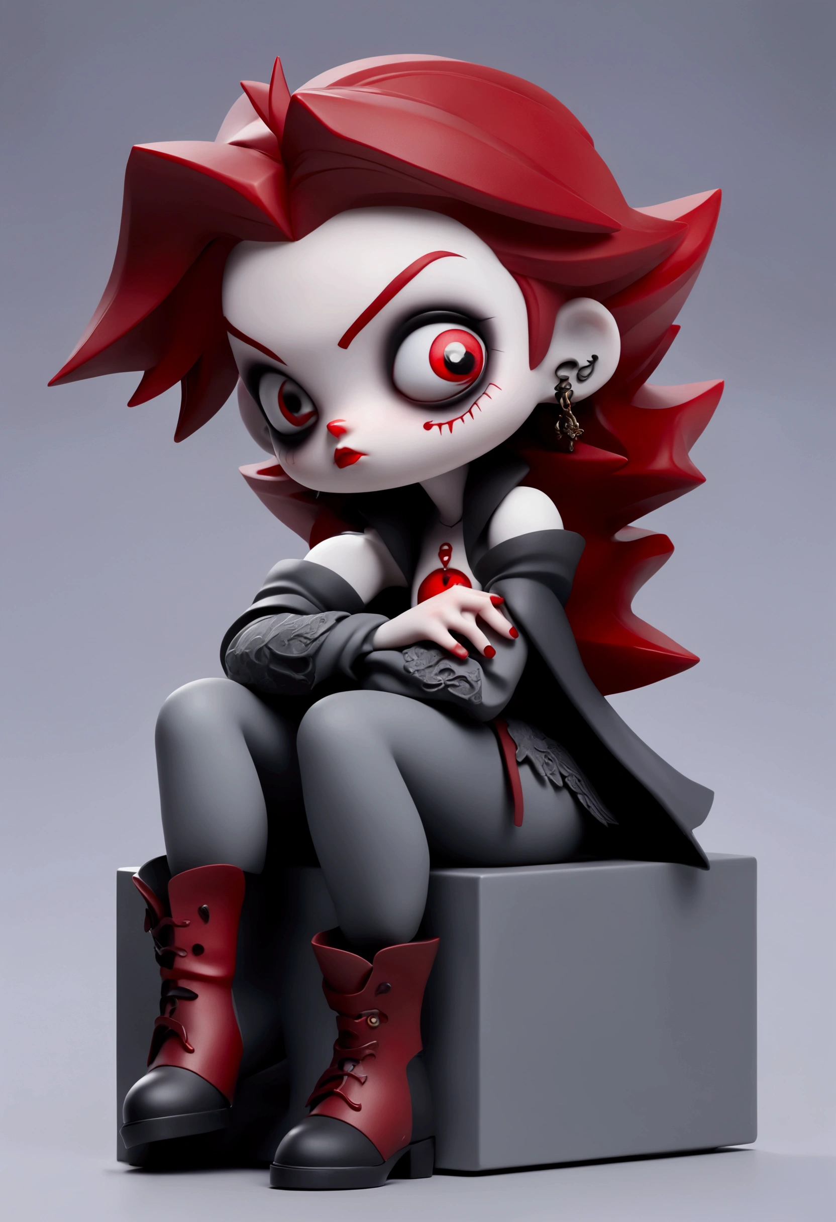 Blindbox, 1girl, red eyes, vampires, red hair, sitting, grey background, simple background, sitting,