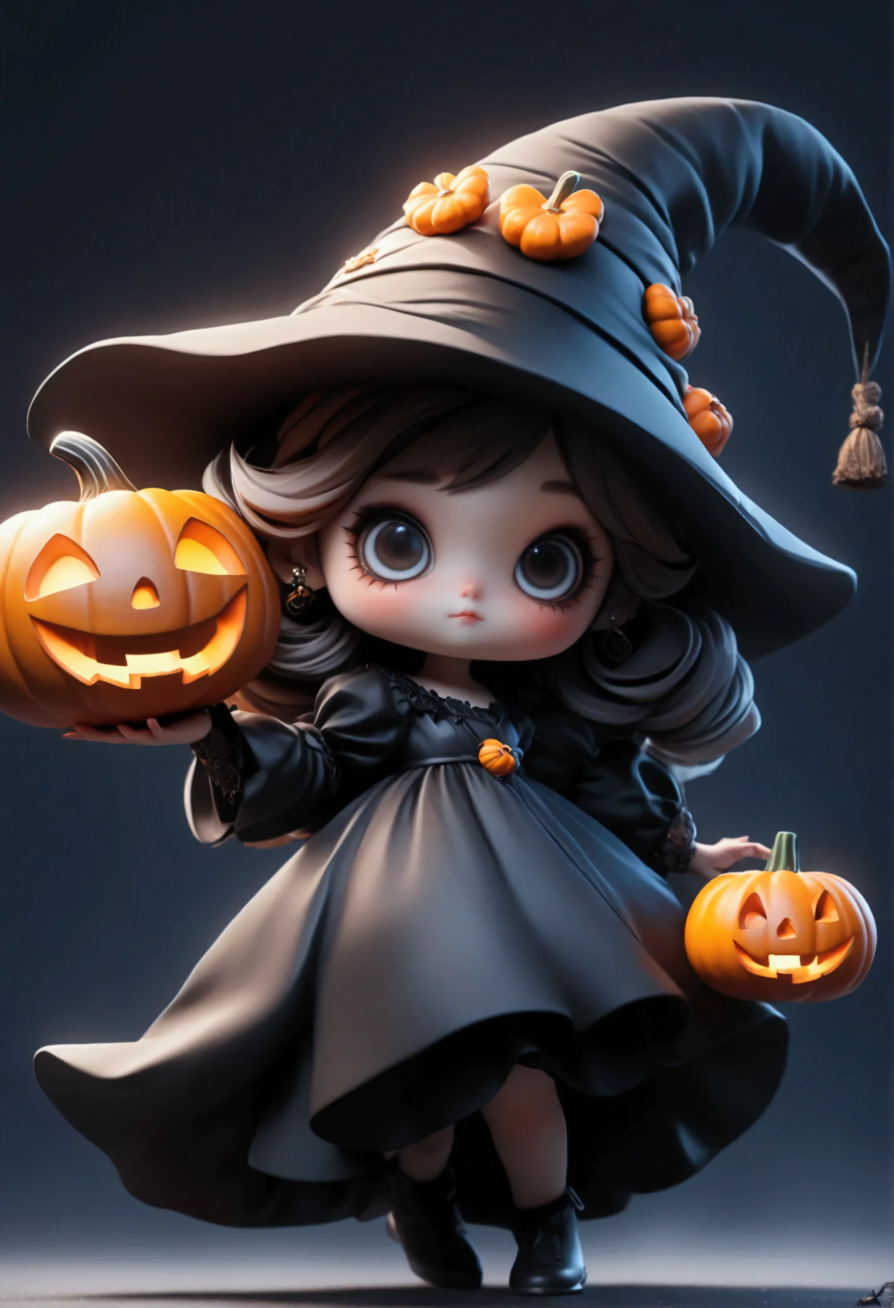 masterpiece, best quality,8K, Official Art , super high resolution,owo style ,Chibi,Halloween theme，1 girl, girl in a black dress ，Wearing a wizard hat， holding a Halloween pumpkin in her hand, simple background