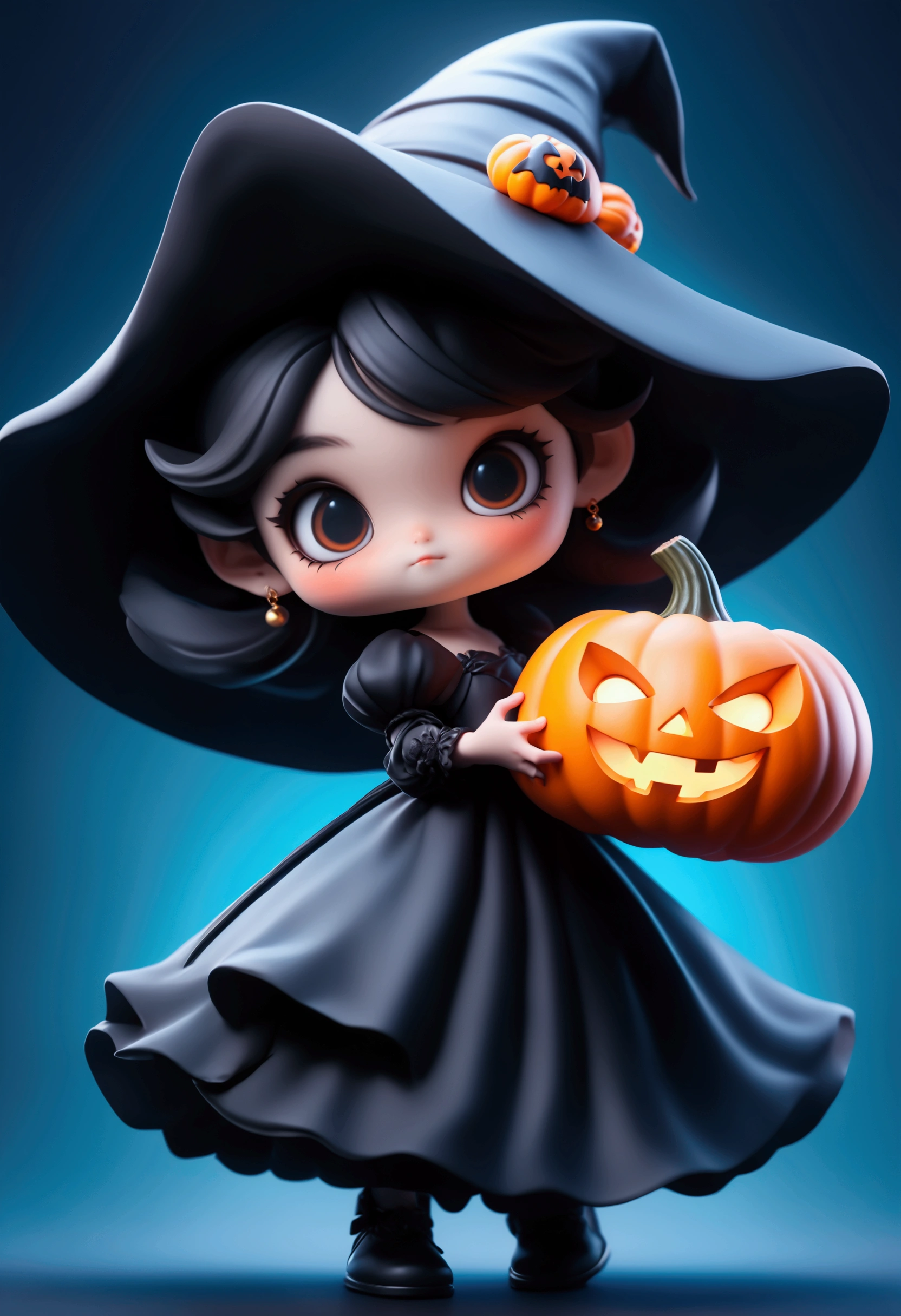 masterpiece, best quality,8K, Official Art , ultra-high resolution,owo style ,Chibi,Halloween theme，1 girl, girl in a black dress ，Wearing a wizard hat， holding a Halloween pumpkin in her hand, simple background