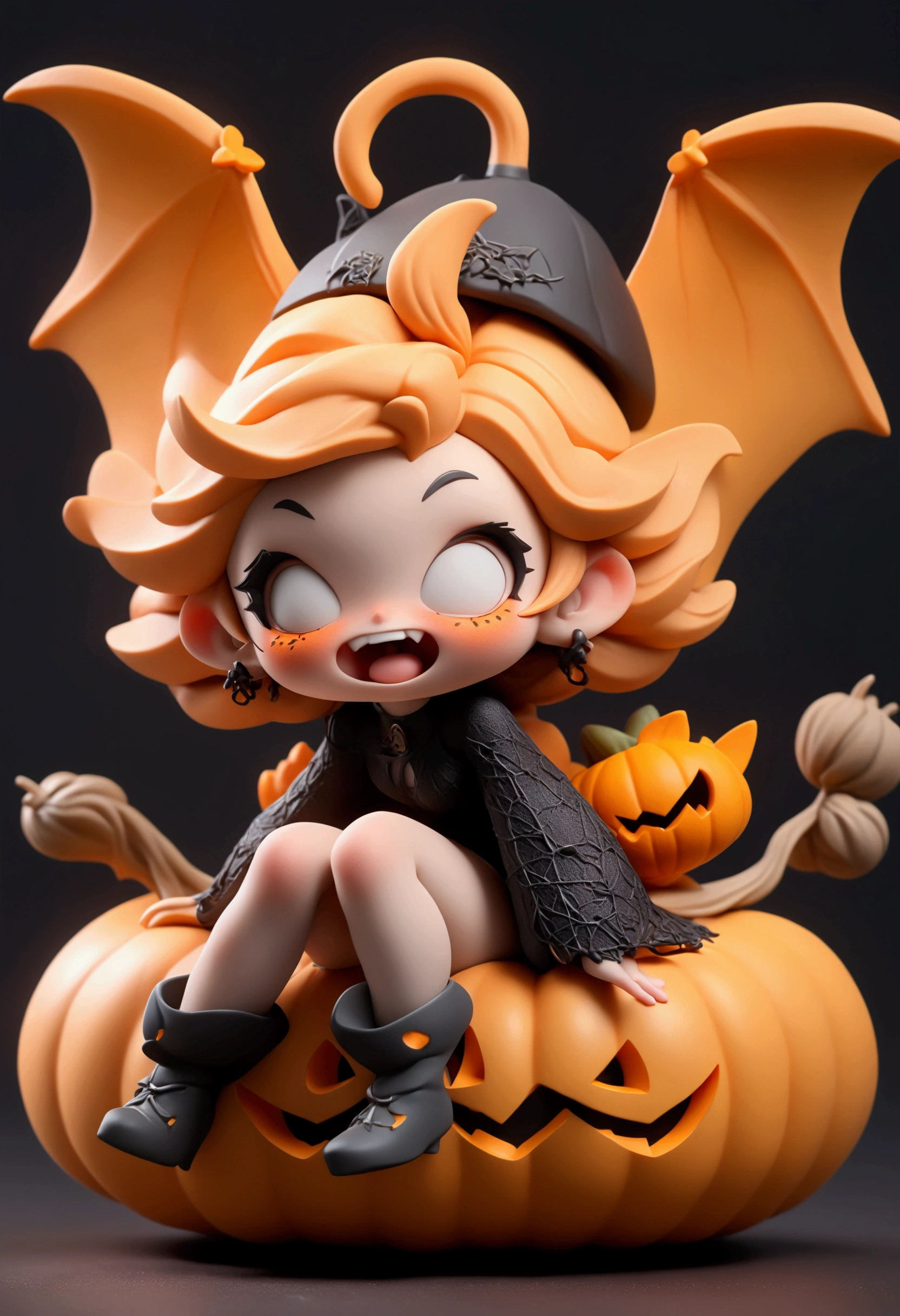 (masterpiece),(bestquality),(ultra-detailed),blindbox,1girl, solo, looking at viewer,blush stickers,jack-o'-lantern, cheek squash, pumpkin, pumpkin hair ornament, pumpkin hat, long hair, absurdly long hair, pointy ears, sharp teeth, open mouth, sitting, bat wings, spider web,
