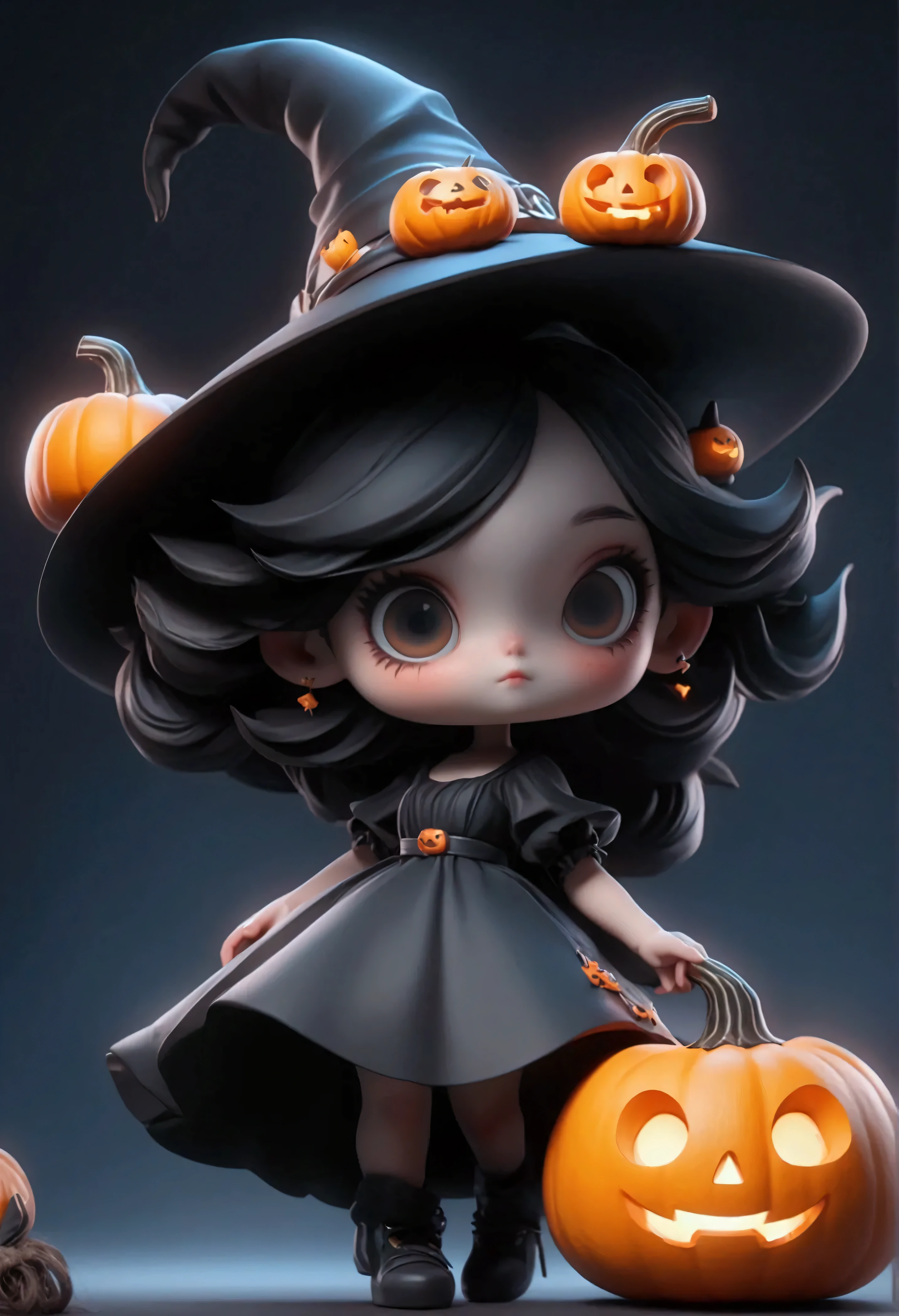 masterpiece, best quality,8K, Official Art , ultra-high resolution,owo style ,Chibi,Halloween theme，1 girl, girl in a black dress ，Wearing a wizard hat， holding a Halloween pumpkin in her hand, simple background，3D stereoscopic