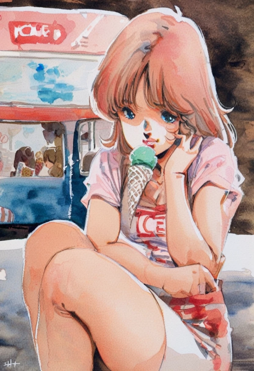   close-up.  1 girl ,  Bored look,  have ice cream cones ,  sit next to ice cream trucks, masterpiece,  Best Quality,   very aesthetic, Ridiculous traditional media , watercolor, 1980