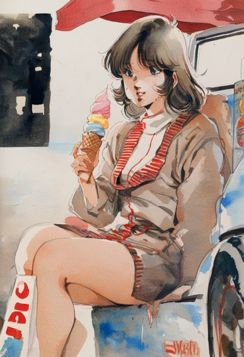   close-up.  1 girl ,  Bored look,  have ice cream cones ,  sit next to ice cream trucks, masterpiece,  Best Quality,   very aesthetic, Ridiculous traditional media , watercolor, 1980