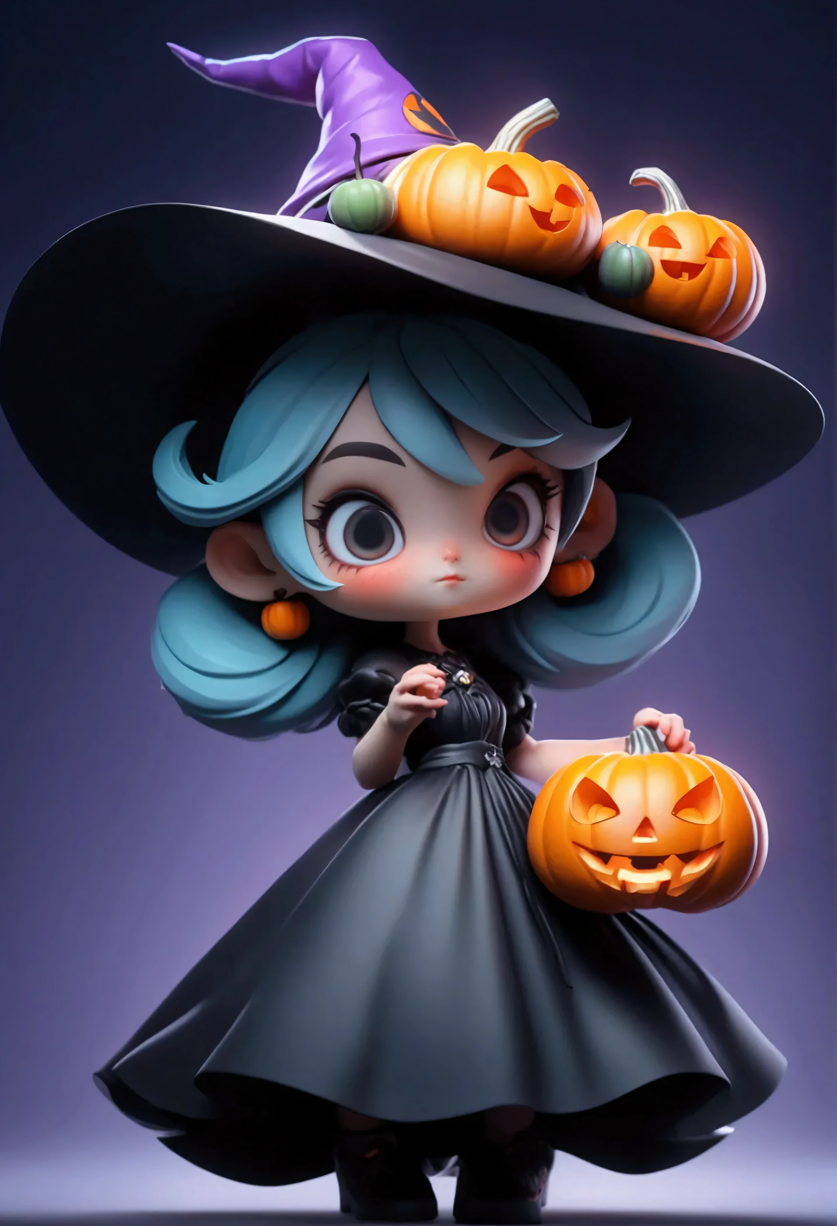 masterpiece, best quality,8K, Official Art , super high resolution,owo style ,Chibi,Halloween theme，1 girl, girl in a black dress ，Wearing a wizard hat， holding a Halloween pumpkin in her hand, simple background，3D stereoscopic