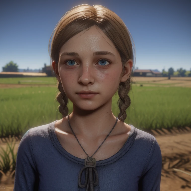 red dead redemption 2 german daughter, Blonde,braids,Sleek tied hair, slim face,white skin,sunkissed blush,light blue eyes,snub nose,delicate mouth and jaw, petite,very young girl,very thin complexion,skinny,slender body, masterpiece, best quality, HDR, dressing 1910 farmer’s dress, red dead redemption 2 farm background,