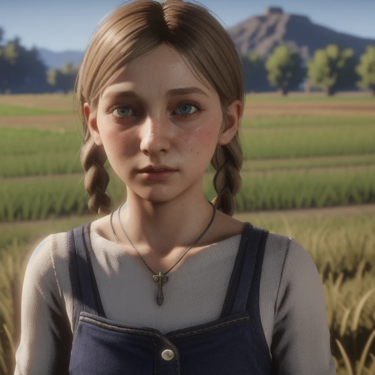 red dead redemption 2 german daughter, Blonde,braids,Sleek tied hair, slim face,white skin,sunkissed blush,light blue eyes,snub nose,delicate mouth and jaw, petite,very young girl,very thin complexion,skinny,slender body, masterpiece, best quality, HDR, dressing 1910 farmer’s dress, red dead redemption 2 farm background,