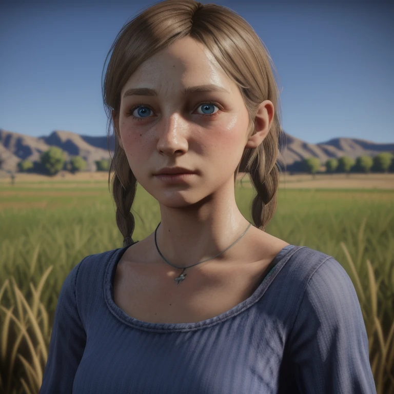 red dead redemption 2 german daughter, Blonde,braids,Sleek tied hair, slim face,white skin,sunkissed blush,light blue eyes,snub nose,delicate mouth and jaw, petite,very young girl,very thin complexion,skinny,slender body, masterpiece, best quality, HDR, dressing 1910 farmer’s dress, red dead redemption 2 farm background,