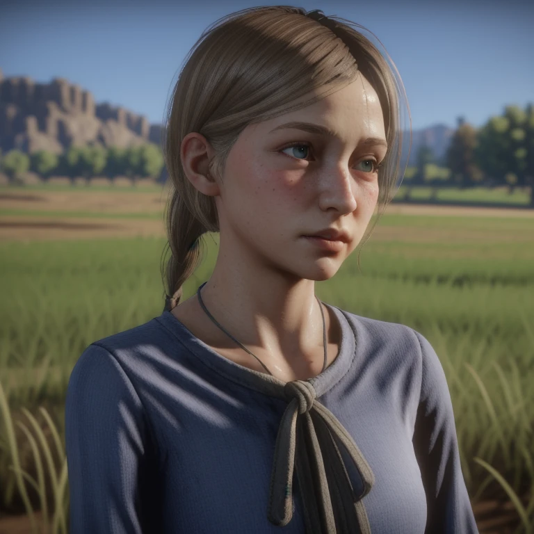 red dead redemption 2 german daughter, Blonde,braids,Sleek tied hair, slim face,white skin,sunkissed blush,light blue eyes,snub nose,delicate mouth and jaw, petite,very young girl,very thin complexion,skinny,slender body, masterpiece, best quality, HDR, dressing 1910 farmer’s dress, red dead redemption 2 farm background,