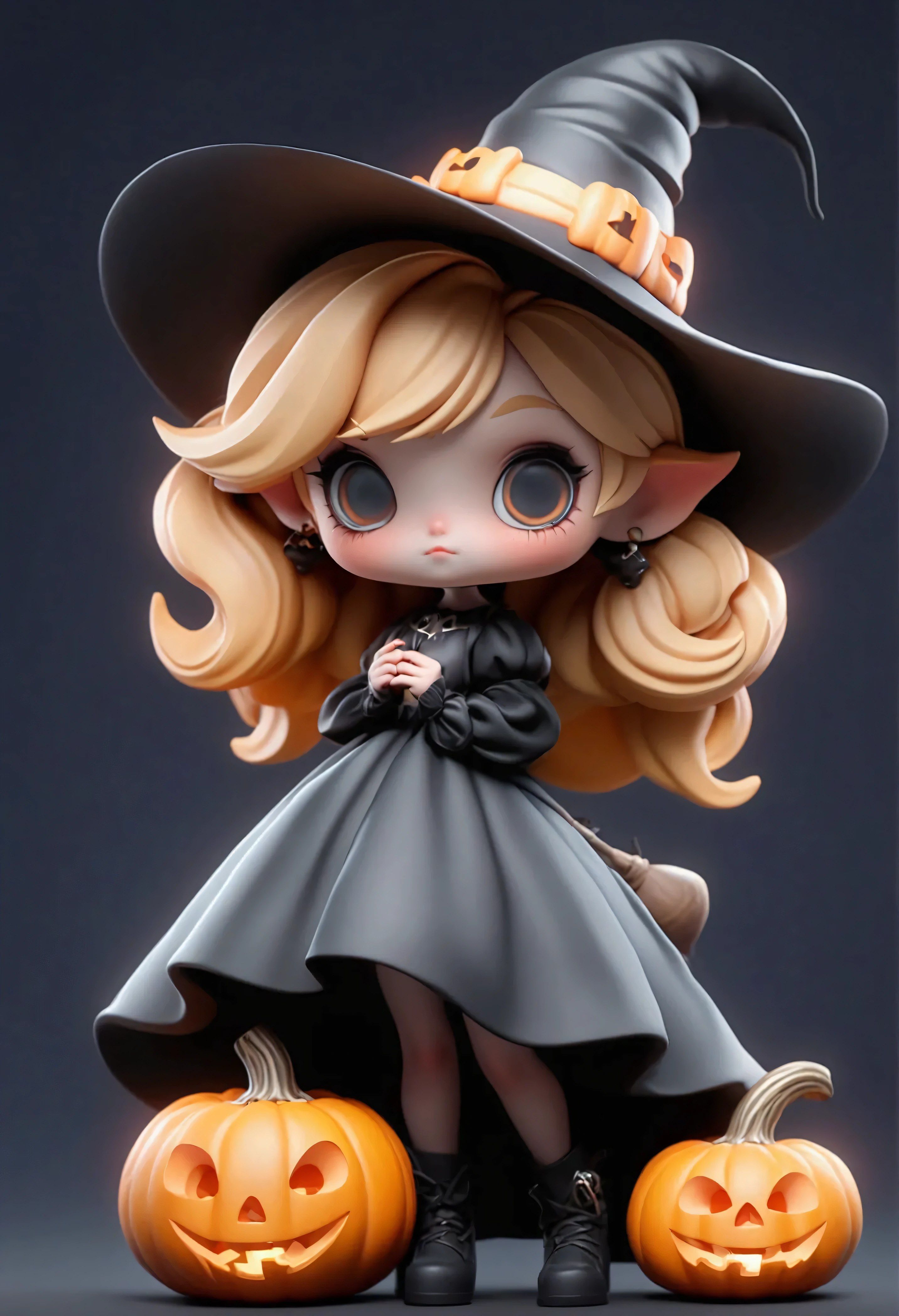 masterpiece, best quality,8K, Official Art , ultra-high resolution,owo style ,Chibi,Halloween theme，1 girl, girl in a black dress ，Blonde hair，Wearing a wizard hat， holding a Halloween pumpkin in her hand,Sit on a big pumpkin， simple background，3D stereoscopic